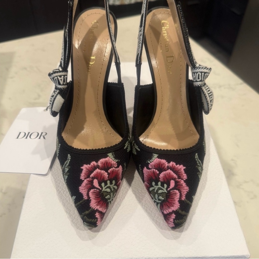 Dior Black and Pink Floral Embroidered Heels